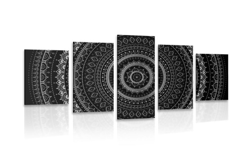 5-dílný obraz Mandala se vzorem slunce v černobílém provedení