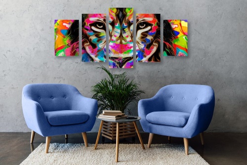 5-dílný obraz barevná hlava lva