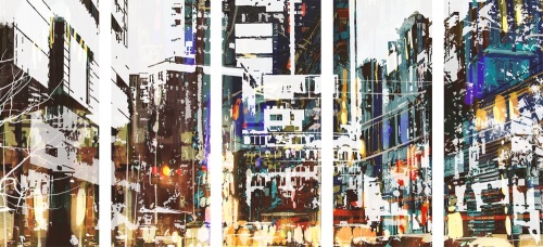 5-dílný obraz abstraktní panoráma města