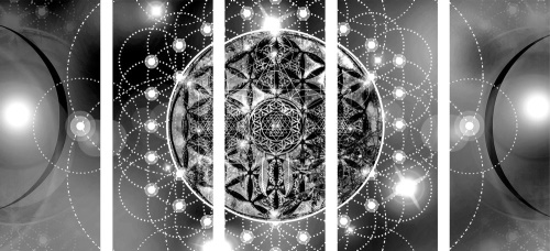 5-dílný obraz okouzlující Mandala v černobílém provedení
