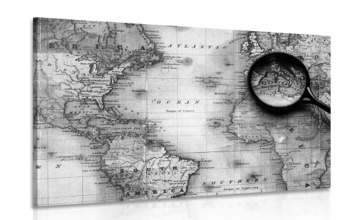 Obraz černobílá mapa světa s lupou