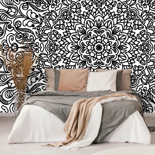 Tapeta mandala s motivem květin v černobílém
