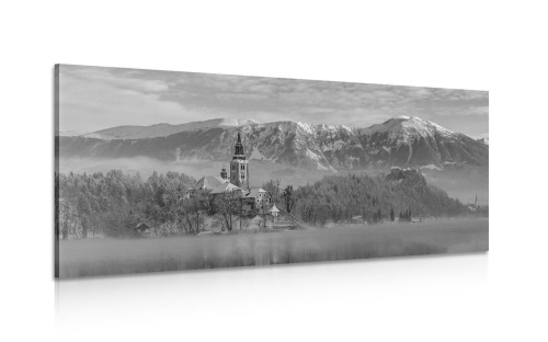 Obraz kostel u jezera Bled ve Slovinsku v černobílém provedení