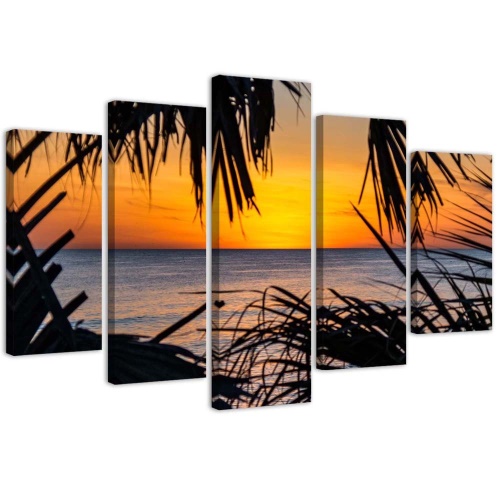 Obraz na plátně pětidílný Západ slunce s mořskou palmou