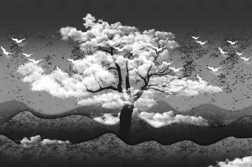 Tapeta strom v černombílém provedení s oblaky