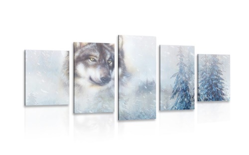 5-dílný obraz vlk v zasněžené krajině