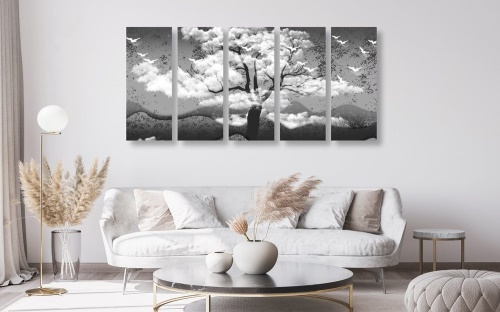 5-dílný obraz černobílý strom zalitý oblaky