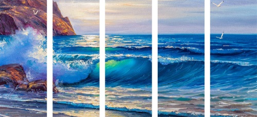 5-dílný obraz mořské vlny na pobřeží