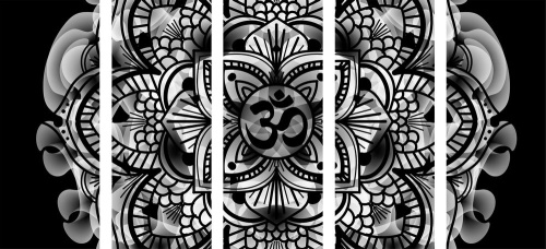 5-dílný obraz Mandala zdraví v černobílém provedení
