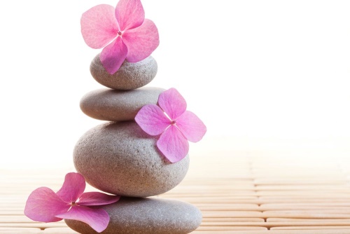 Obraz balanc kamenů a růžové orientální květy