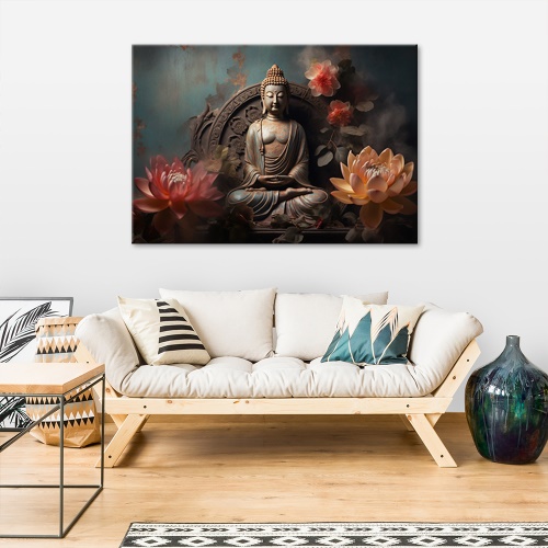 Obraz na plátně, buddha lotosový květ socha zen