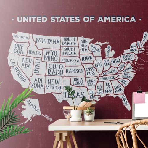 Samolepící tapeta naučná mapa USA s bordóvým pozadím
