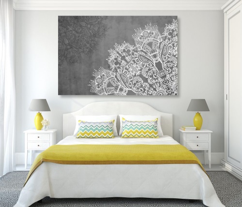 Obraz prvky květinové Mandaly v černobílém provedení