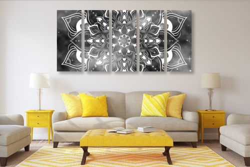 5-dílný obraz moderní Mandala s orientálním vzorem v černobílém provedení