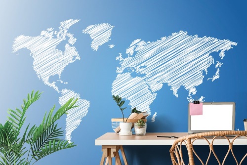 Samolepící tapeta šrafovaná mapa světa na modrém pozadí