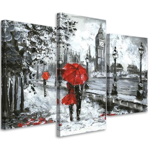 Obraz na plátně třídílný London Walking Červená černobílá