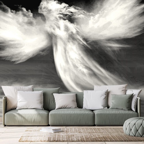 Tapeta anděl v oblacích v černobílém provedení