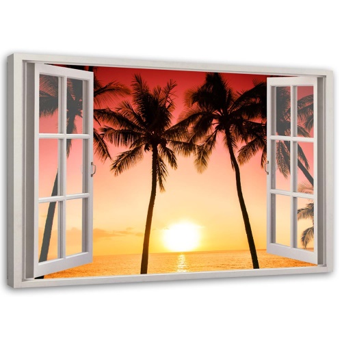 Obraz na plátně Palmové okno při západu slunce