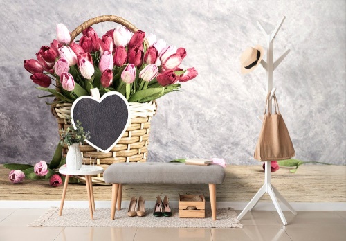 Samolepící fototapeta tulipány v dřevěném košíku