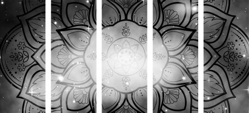 5-dílný obraz Mandala s pozadím galaxie v černobílém provedení