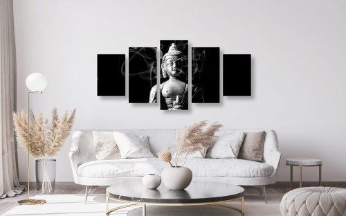 5-dílný obraz socha Buddhy v černobílém provedení