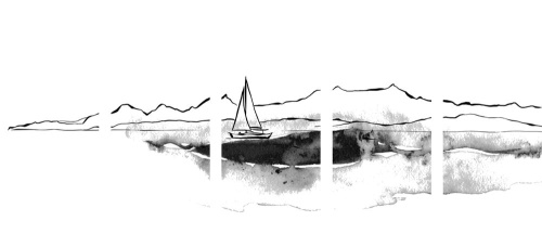 5-dílný obraz jachta na moři v černobílém provedení