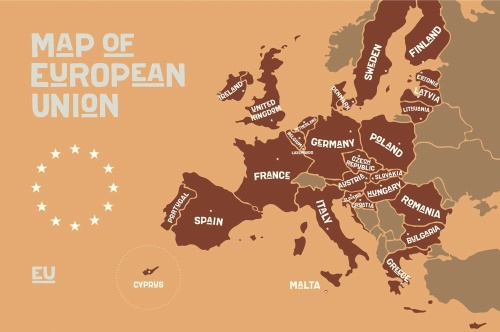 Tapeta mapa s názvy zemí Evropy hnědá