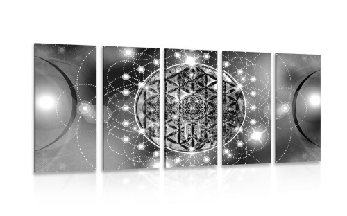 5-dílný obraz okouzlující Mandala v černobílém provedení