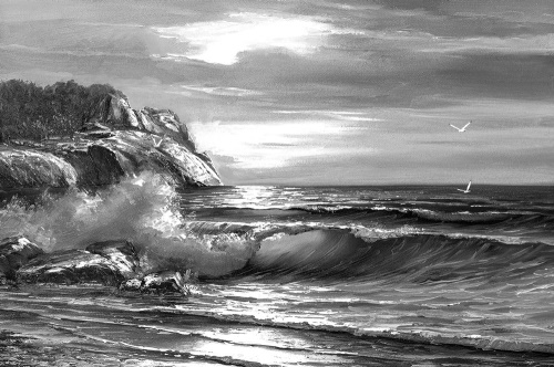 Samolepící tapeta ráno na moři v černobílém provedení