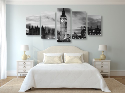 5-dílný obraz Big Ben v Londýně v černobílém provedení