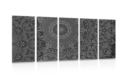 5-dílný obraz stylová Mandala v černobílém provedení