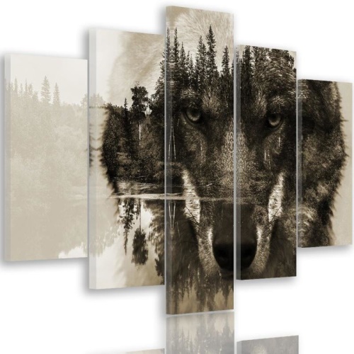Obraz na plátně pětidílný Vlk SALONOU na pozadí přírodního lesa
