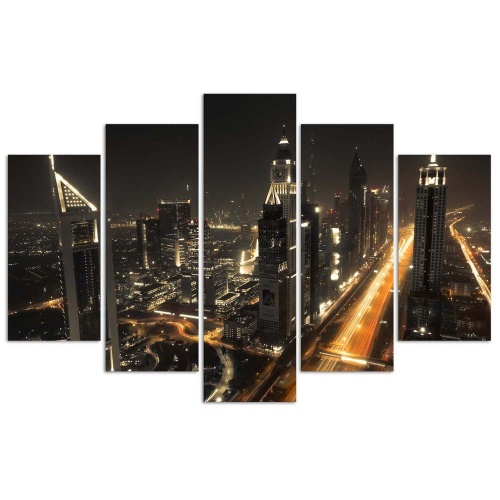 Obraz na plátně pětidílný Dubaj v noci Panorama města