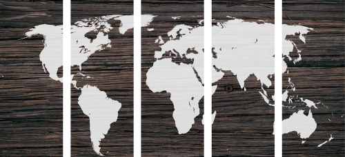 5-dílný obraz mapa světa na dřevě