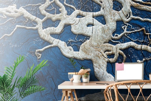 Tapeta abstraktní strom na dřevě s modrým kontrastem