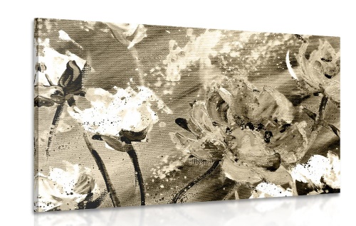 Obraz malované květy v sépiovém provedení