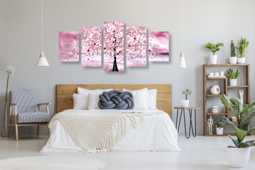 5-dílný obraz volavky pod magickým stromem v růžovém provedení