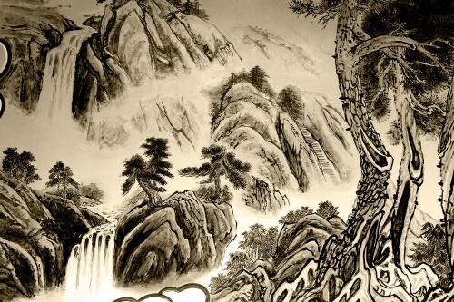 Samolepící tapeta čínská sépiová krajinomalba