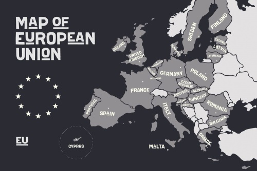 Tapeta mapa s názvy zemí Evropy černobílá