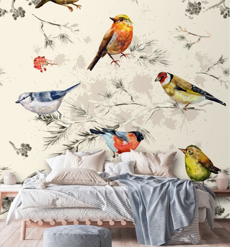 Fototapeta, Barevní ptáci malovaní akvarelem
