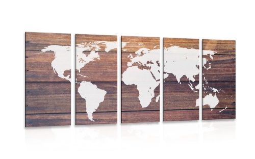 5-dílný obraz mapa světa s dřevěným pozadím