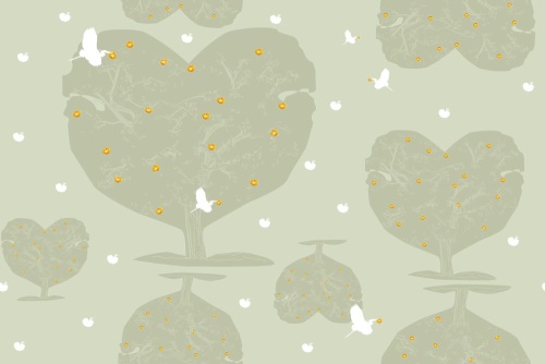 Samolepící tapeta zlatá jablka na stromech ve tvaru srdce - 75x1000 cm
