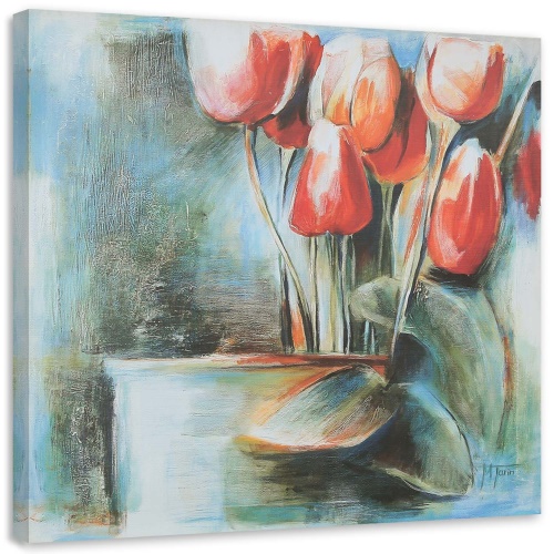 Obraz na plátně Váza s červenými tulipány