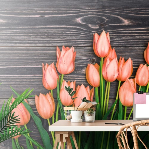 Tapeta oranžové tulipány na dřevěném podkladu