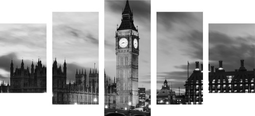 5-dílný obraz Big Ben v Londýně v černobílém provedení