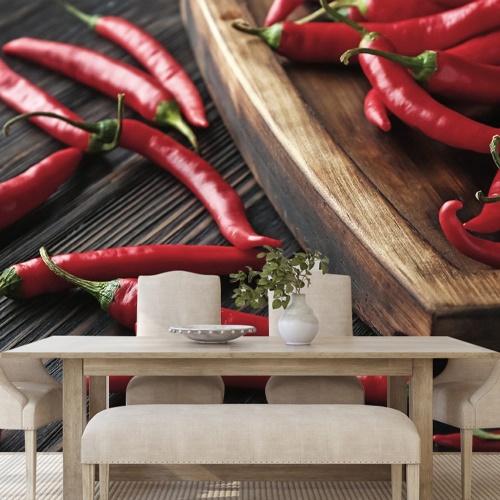 Tapeta chilli papričky na dřevěném prkénku