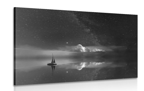 Obraz loďka na moři v černobílém provedení