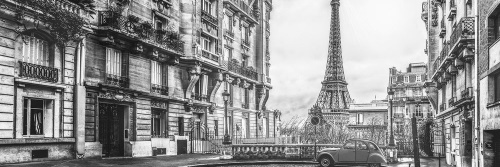 Obraz pohled na Eiffelovu věž z ulice Paříže v černobílém provedení