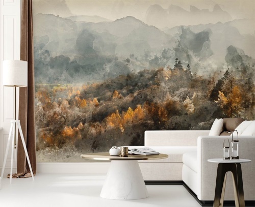 Fototapeta, Podzimní les zahalený v mlze - akvarelová abstrakce