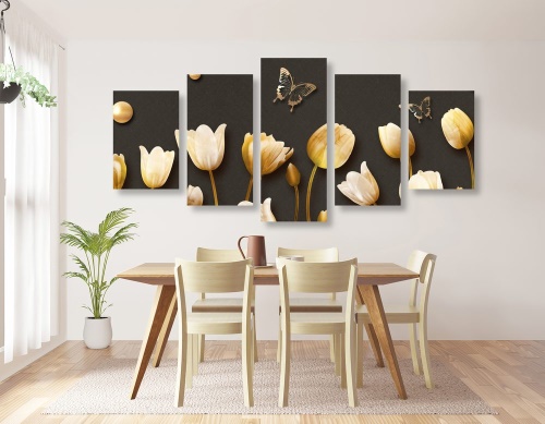 5-dílný obraz tulipány se zlatým motivem